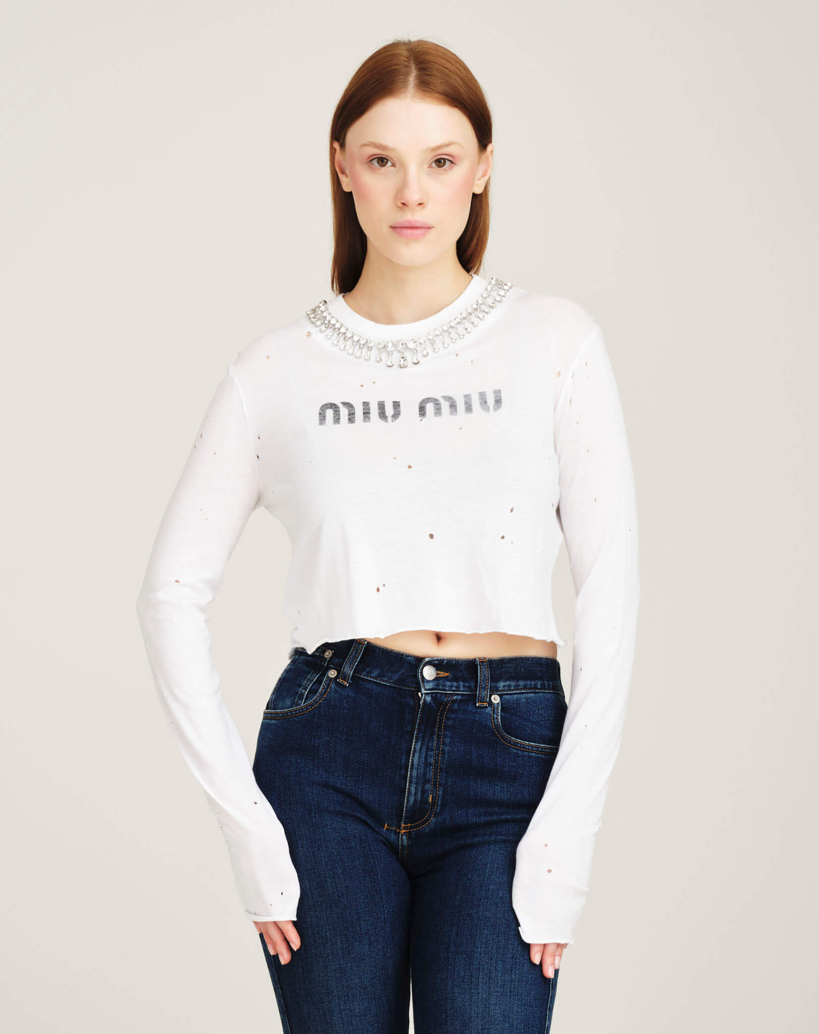 Miu Miu - Crystal Embroidered Long Sleveless Crop Top S